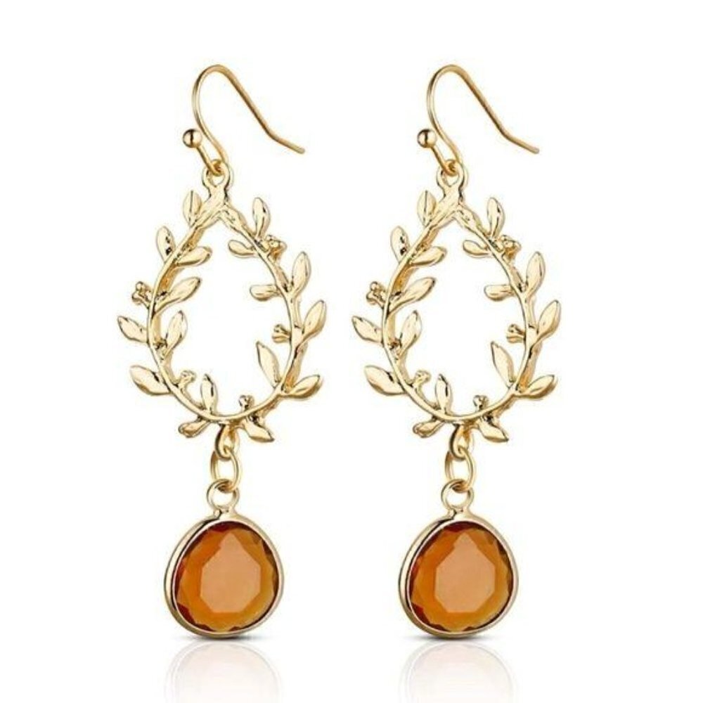 Elegant Gold Laurel Wreath Amber Crystal Earrings